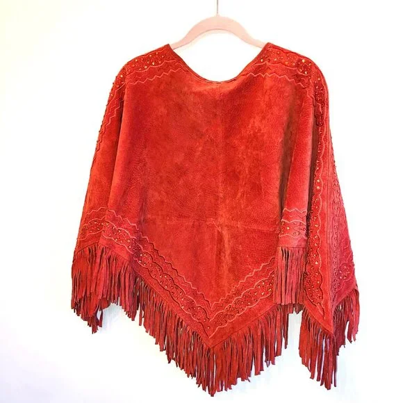 Western Boho Suede Leather Fringe Poncho Cape Rust Terracotta Newport News SM - Picture 11 of 13